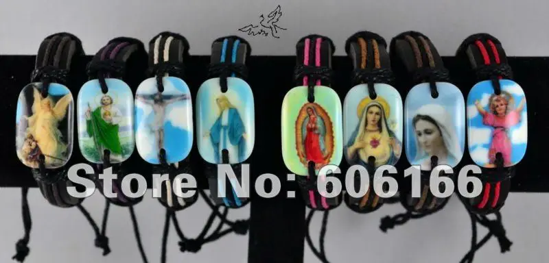 

Wholesale 24pcs/lot MIX Holy Icon SAINTS JESUS Angel Virgin Mary Bracelets Leather ID Bracelet Religious Jewelry