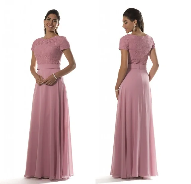 

Dusty Pink 2019 Long Evening Dresses with Lace Bodice Short Sleeves robe de soiree Chiffon Formal Evening Party Dress