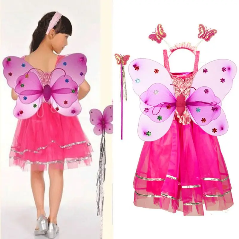 Комплект из 4 предметов, костюм феи, длинное платье-пачка принцессы без рукавов для девочек светодиодный, двухслойный, с крыльями бабочки, с волшебной палочкой, повязка на голову, вечерние, на возраст от 3 до 10 лет
