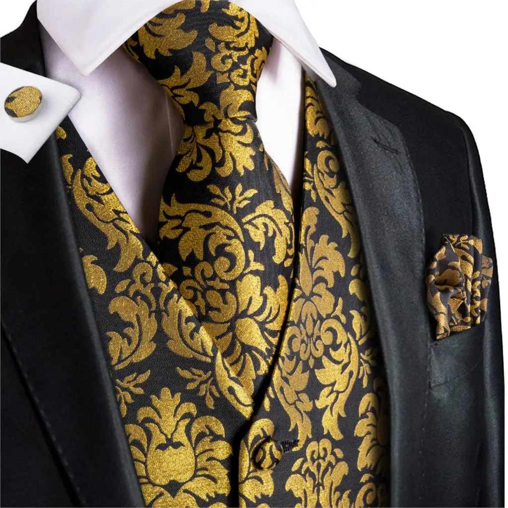 Mens Formal Vest Set Silk Classic Wedding Necktie Waistcoat Vest Pocket Square Suit Set Gold Vests for Men Hi-Tie MJTZ-0008