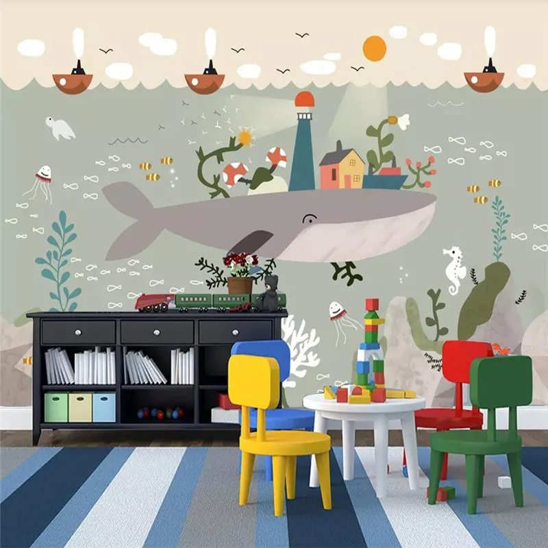 Hand-painted underwater world whale mate art background wall professional production mural wholesale wallpaper custom photo wall Hand-painted underwater world whale mate art background wall professional production mural wholesale wallpaper custom photo wall