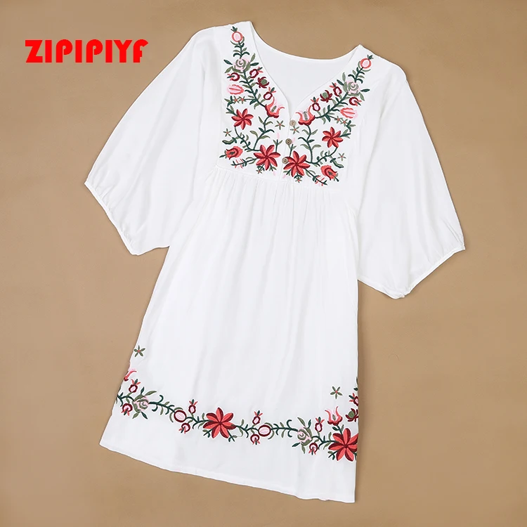 ZIPIPIYF Floral Embroidery Dress Newest 2017 Fashion Brand V neck Half Sleeve Plus Size Women Vintage Black White Summer | Женская