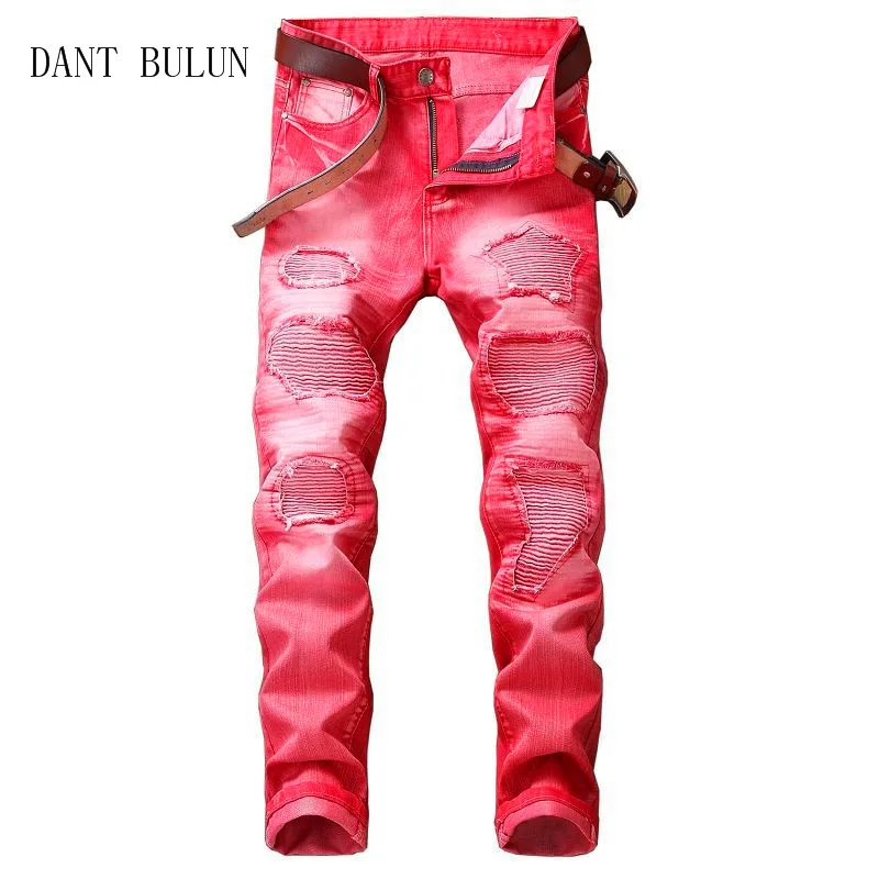 

DANT BULUN Multi Color Men's Jeans Biker Pleated Motorcycle Slim Skinny Ripped Red Gray Casual Denim Pants For Man Size 29-42