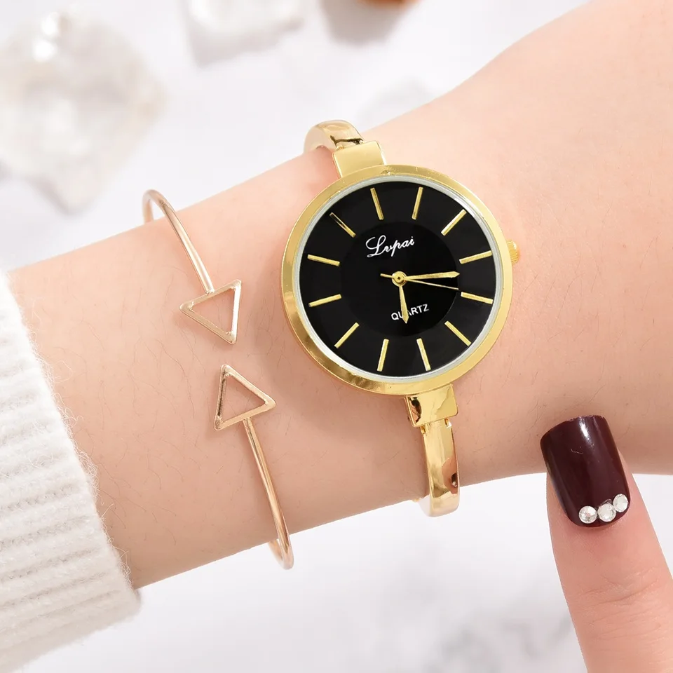 Lvpai Top Brand Women Bracelet Watch Thin Strap Gold Big Dial Simple Women Fashion Luxury Watch Combination Quartz Watch