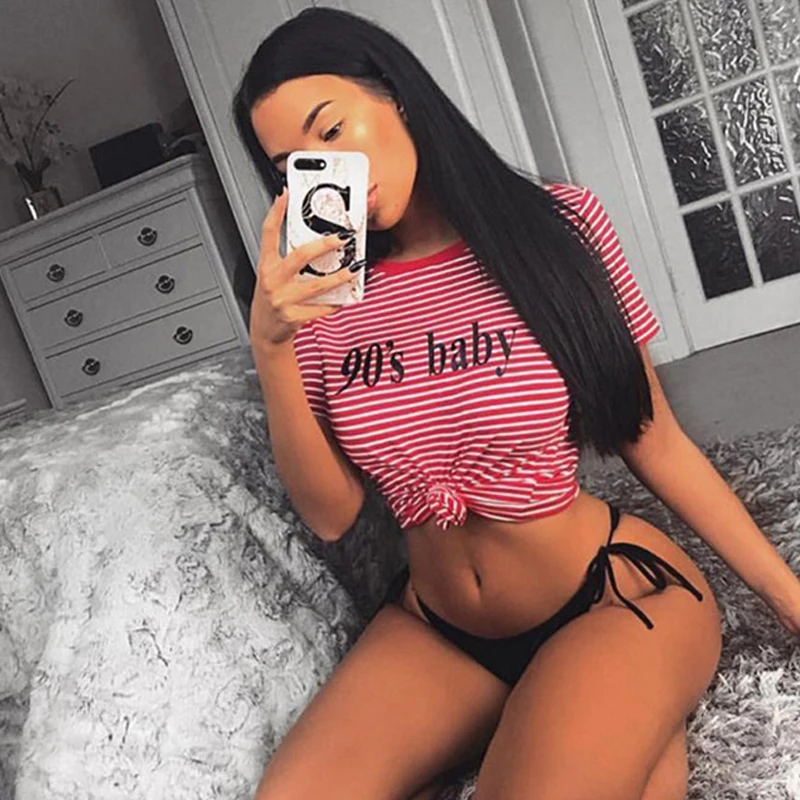 

Vintage Stripped T Shirt Summer Tops for Women 2019 Short Sleeve Tops 90's Baby Letter Printed Tshirt Harajuku Streetwear