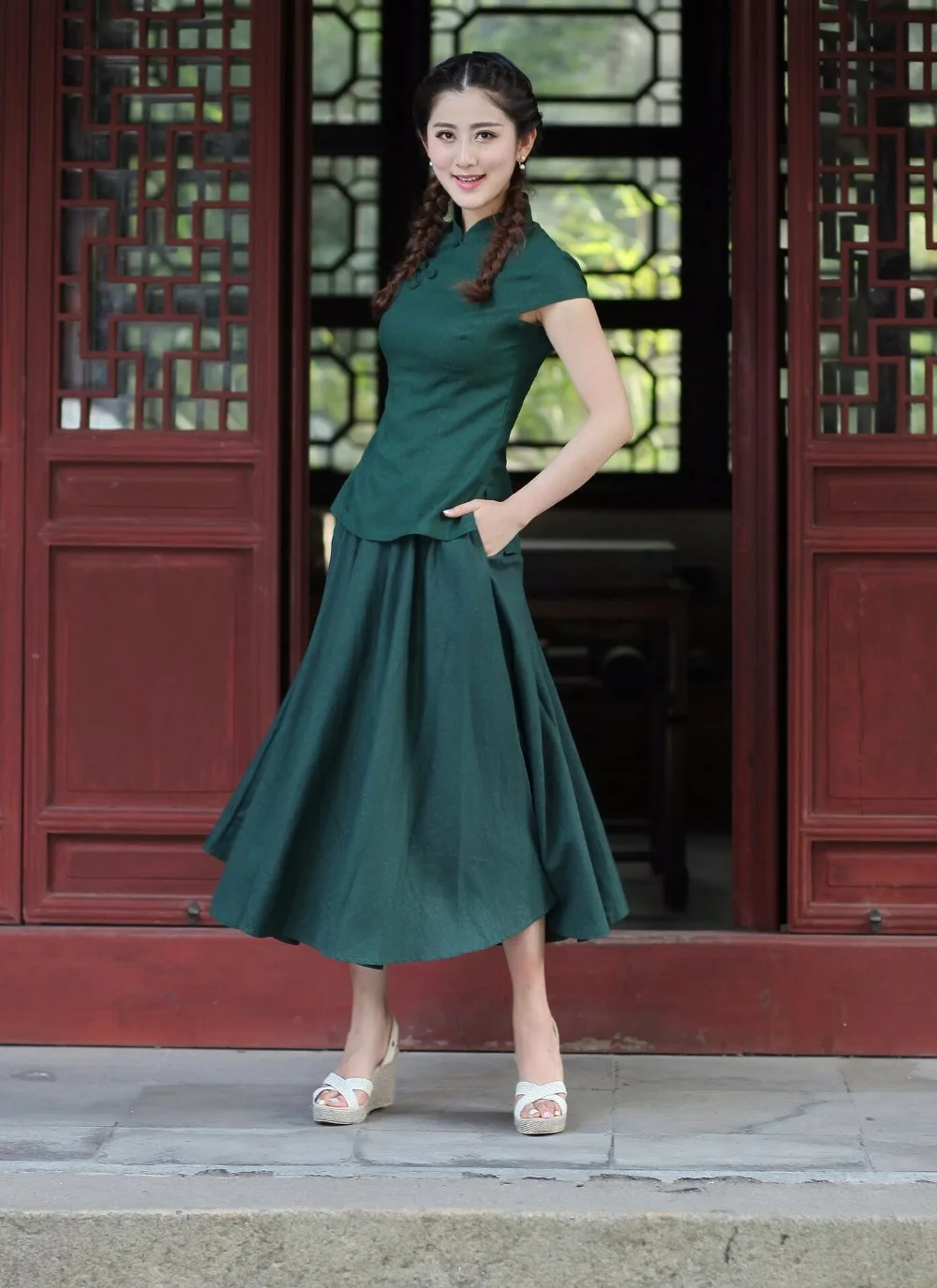 Image New Arrival Green Chinese Women s Shirt Skirts Sets Cotton Linen Tang Suit Clothing Size S M L XL XXL XXXL 2518 7