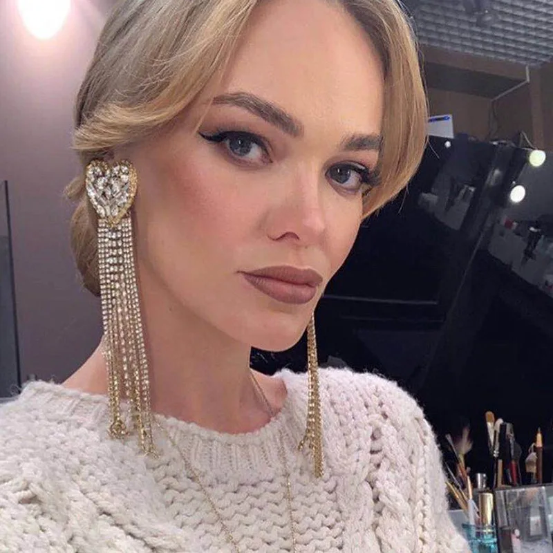 

JOUVAL Crystal Tassel Extra Long Earrings For Women Heart Dangle Drop Earring Luxury Statement Hanging Eardrop Fashion Jewelry