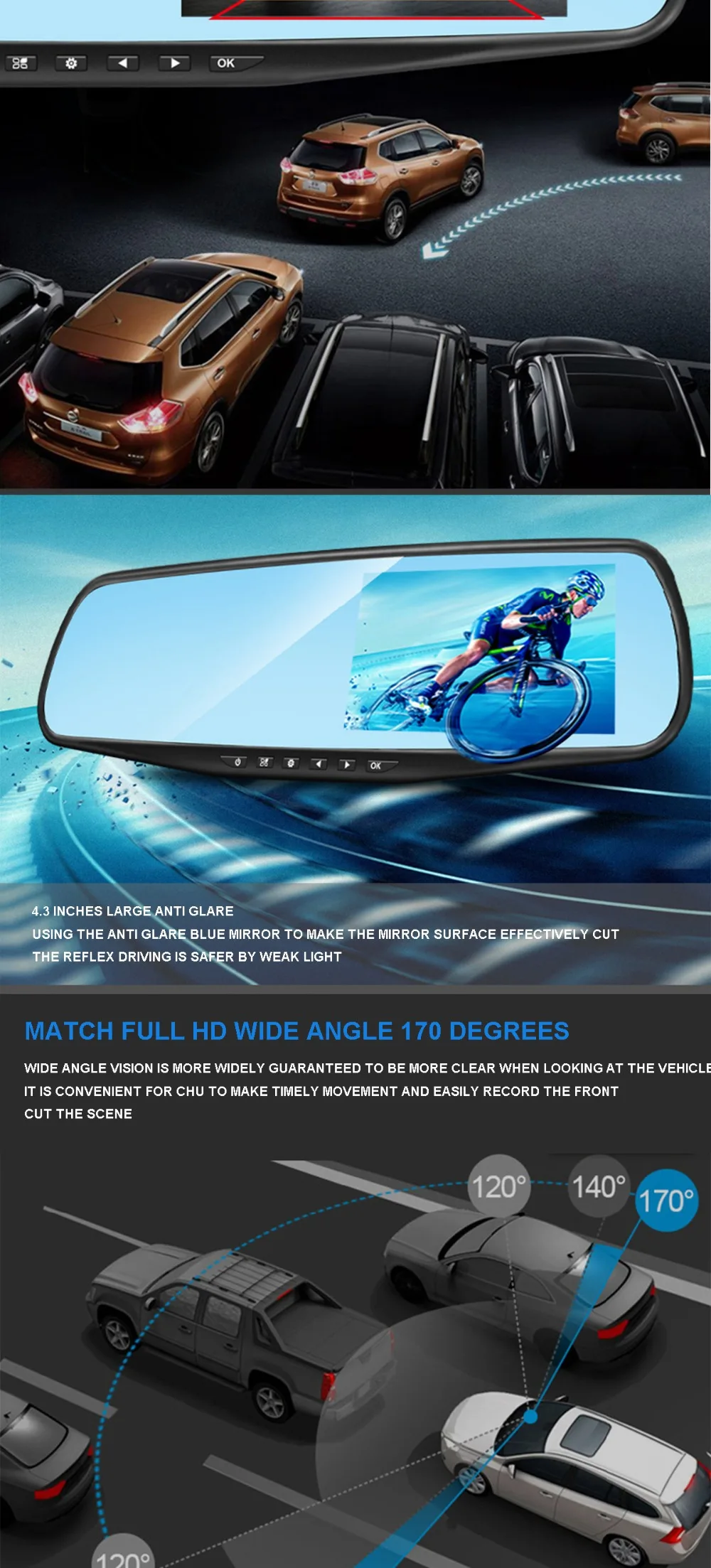 ull HD 1080P Car Dvr Camera Auto 4.3 Inch Rearview Mirror Digital Video Recorder Dual Lens Registratory Camcorder (3)