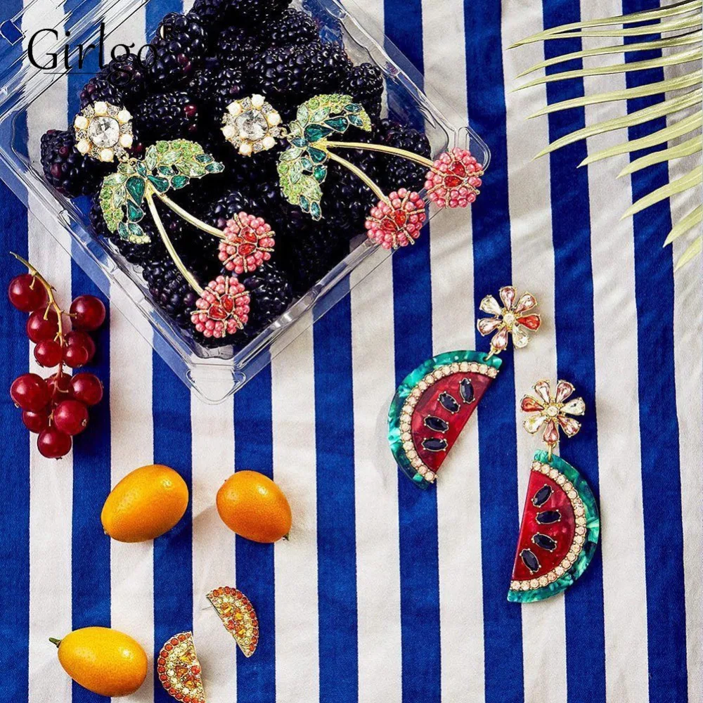 

Girlgo 2019 BA Cute Crystal Fruit Luxury Drop Dangle Earrings For Women Boho Hanging Watermelon Pendant Earrings Gift Wholesale