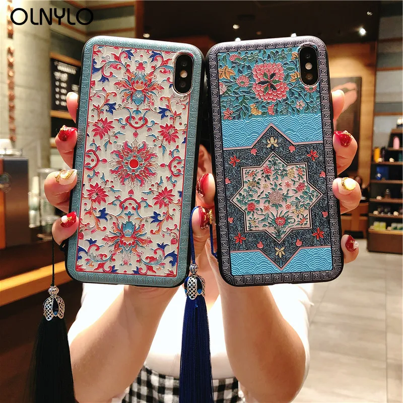 OLNYLO чехол для iPhone X XR XS Max 6 6s 7 8 плюс 5S SE случае Винтаж кисточкой цветок рельефным