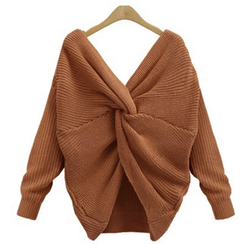 CALOFE, сексуальный пуловер с v-образным вырезом и длинным рукавом, уличный витой свитер, повседневный женский осенний зимний вязаный свитер, модный - Цвет: coffee color