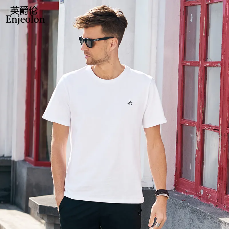 

Enjeolon Summer T shirt Short Sleeved O-neck Black White Letter Print 100% Cotton Tshirts Casual Male Top Tee Shirt T8070