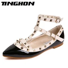 Mode Frauen Niet Spitz Farbblock Lackleder Gladiator Wohnungen Sexy Ohrstecker Frauen Ballett Flache Schuhe Marke Wohnungen