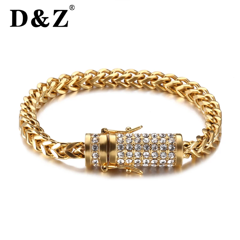 

D&Z Hip Hop Crystal CZ Zircon Bracelet Franco Gold Stainless Steel Miami Cuban Link Chain Clasp Bracelets for Men Luxury Jewelry
