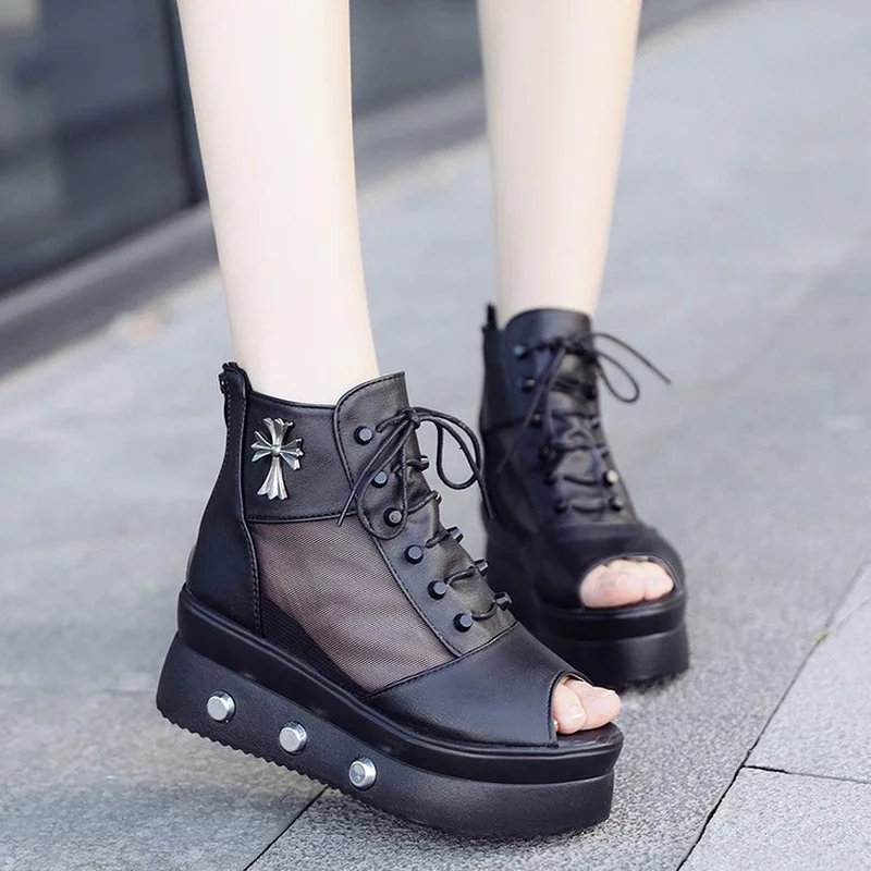 

Casual women's sandals new height increase fish mouth wedge with thick bottom sponge cake with shoes fashion mesh hollow shoes