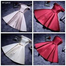 YLL034# вырез лодочкой, на шнуровке, саржа сатин, ткань, розовый, красный цвет, Платья для подружек невесты, Короткое свадебное платье для вечеринки, платье для выпускного вечера