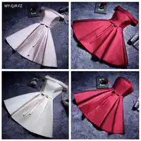 YLL034#Boat Neck Lace up Twill Satin Cloth pink red Bridesmaid Dresses Short Bride Wedding Party Toast Dress Gown Prom Wholesale