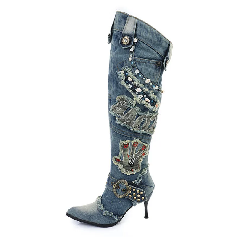 Jady Rose/Новинка года; женские джинсовые сапоги; сапоги до колена на высоком каблуке; зимние Утепленные джинсы с заклепками и бусинами; Botas Mujer; женские резиновые сапоги - Цвет: Синий