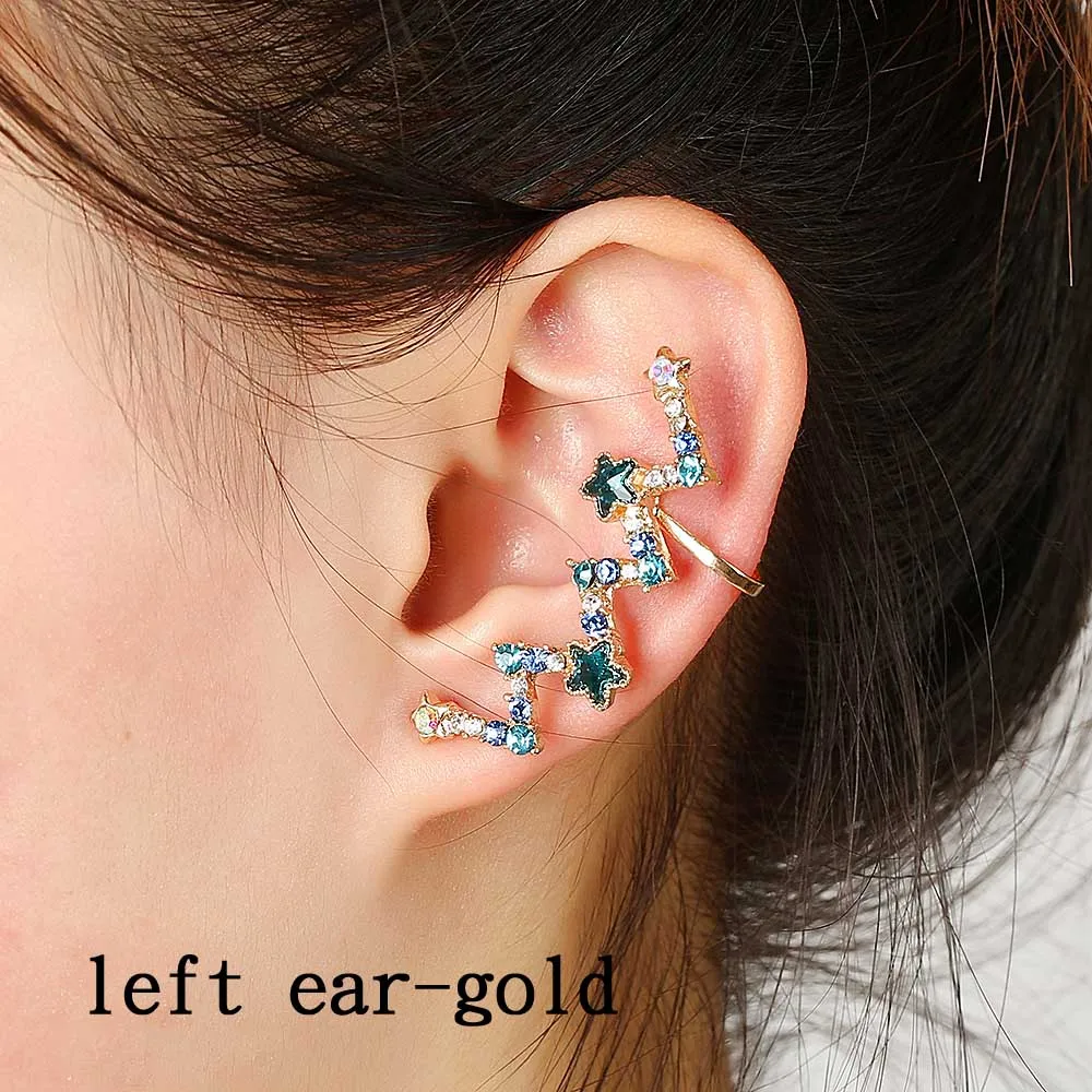 Женские вечерние серьги-каффы в богемном стиле, в подарок, стразы, заполненные синими кристаллами и звездами, позолоченные сережки-клипсы - Окраска металла: Left ear gold