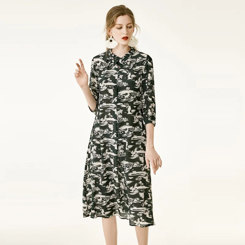 

[Rong tai] Silk Dress Summer 2019 New Style Women French Print Waist Was Thin Cool Mulberry Silk Dress