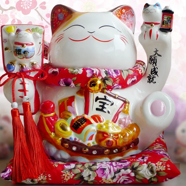 Черный Maneki Neko керамический счастливый кот с лютней домашний декор украшения креативные деловые подарки удача Кот Копилка фэншуй ремесло