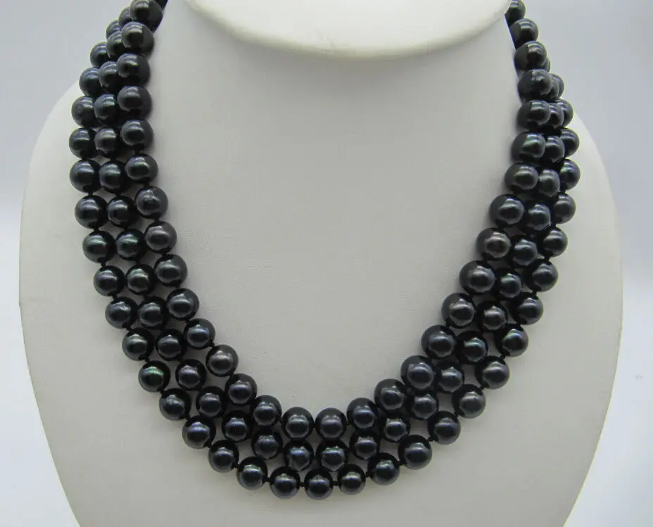

real 3 row 9-10mm natural south sea black pearl necklace 17-19" yellow 14KGP clasp