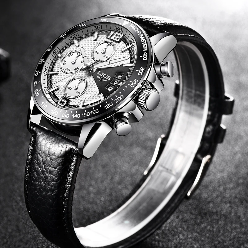LIGE Mens Watches Top Brand Luxury Men's Military Waterproof Sports Watch Men's Leather Date Quartz