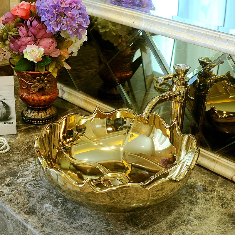 China Artistic Porcelain Handmade Porcelain Lavabo Bathroom Vessel Sinks ceramic wash basin bathroom wash hand basins gold (2)