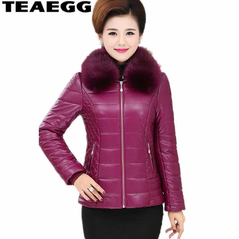 

TEAEGG Femme Pu Leather Womens Winter Jackets And Coats Faux Fur Collar Plus Size 4XL 5XL Woman Winter Coats Parkas Mujer AL1555