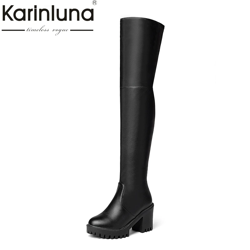 

KARINLUNA 2018 hot sale plus size 34-43 platform square high heel women shoes woman long boots over the knee boots black
