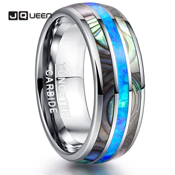 

New 8MM Wide Round Surface Man Rings Two Strip of Shell Figure Blue Opal Rings Tungsten Rings Classic Men Ring