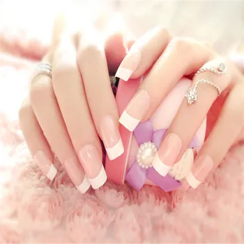 

24 PCS Pink White Long Artificial Nails Charming Acrylic Glitter Square Full French Designed Fake Nails with Glue Sticker