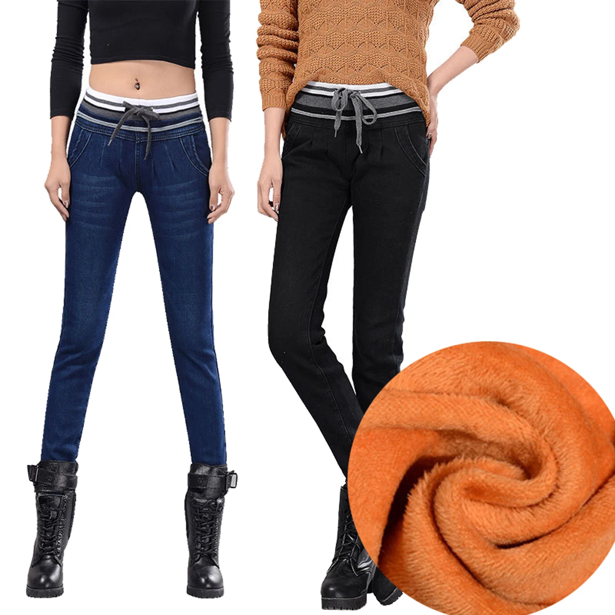 

Tengo Golden Fleece Thick Elastic Waist Thick Warm Women Casual Jeans