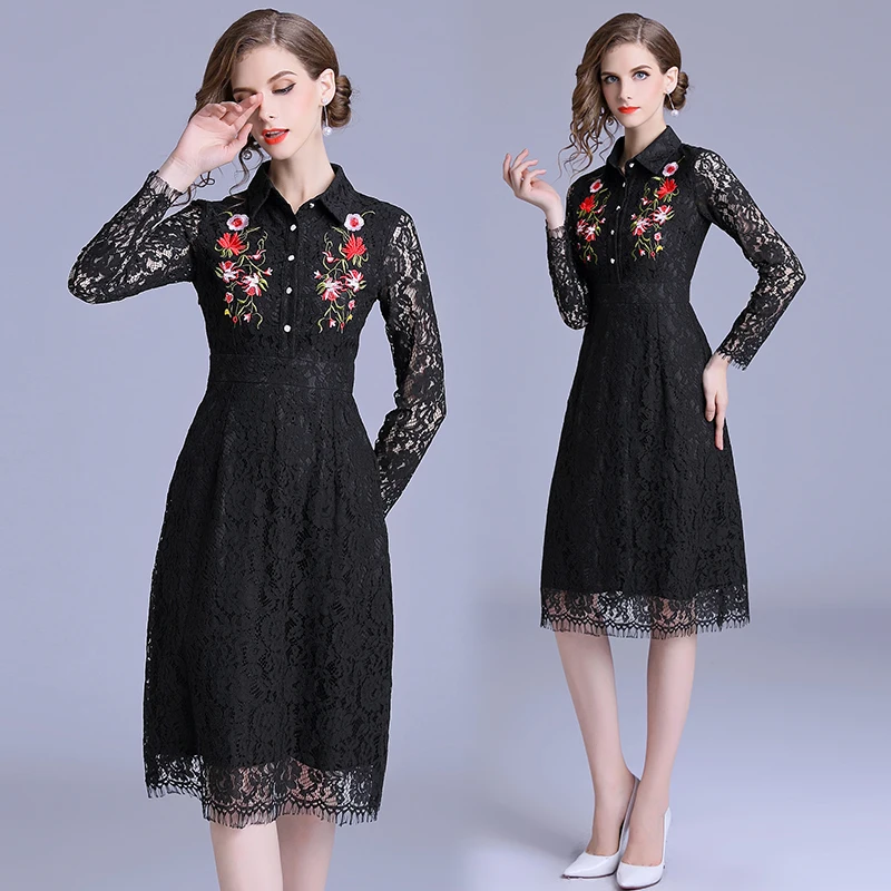 OL/Стиль цветочной вышивкой Черное Кружевное Платье из коллекции Moda Mujer 2021 осеннее