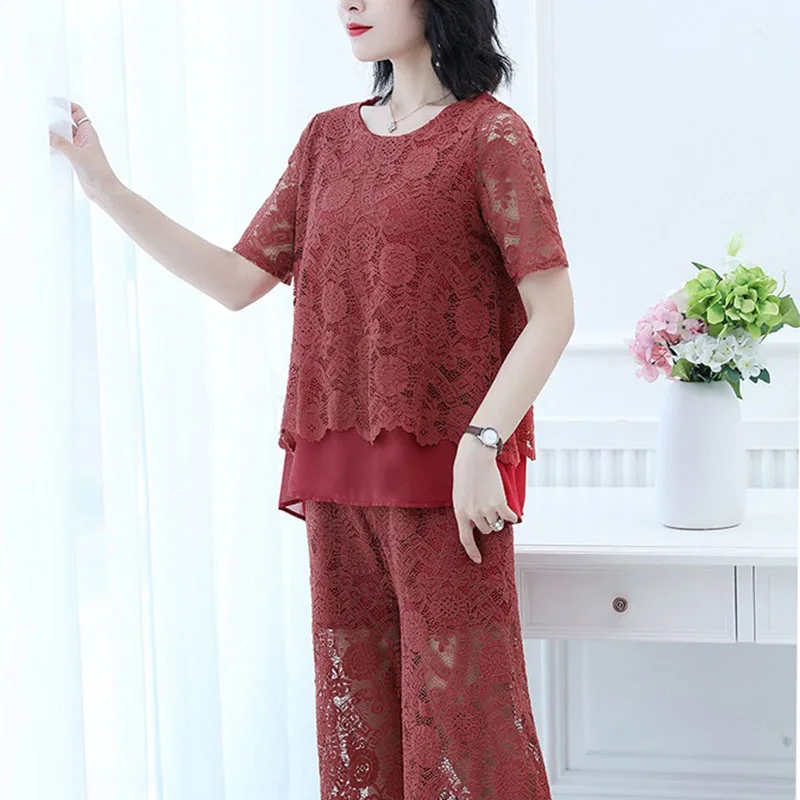 

Mother Load Summer Leisure Lace Suit Tide Middle-aged Short-sleeved T-shirt + Lace pants Two-piece Suit fashion Women 2019 AA60