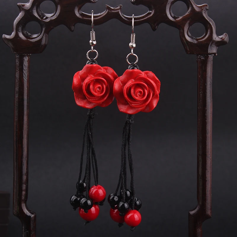 

women ethnic earrings lacquer carving rose earrings lovers day gift ,new vintage thailand earrings valentine's day