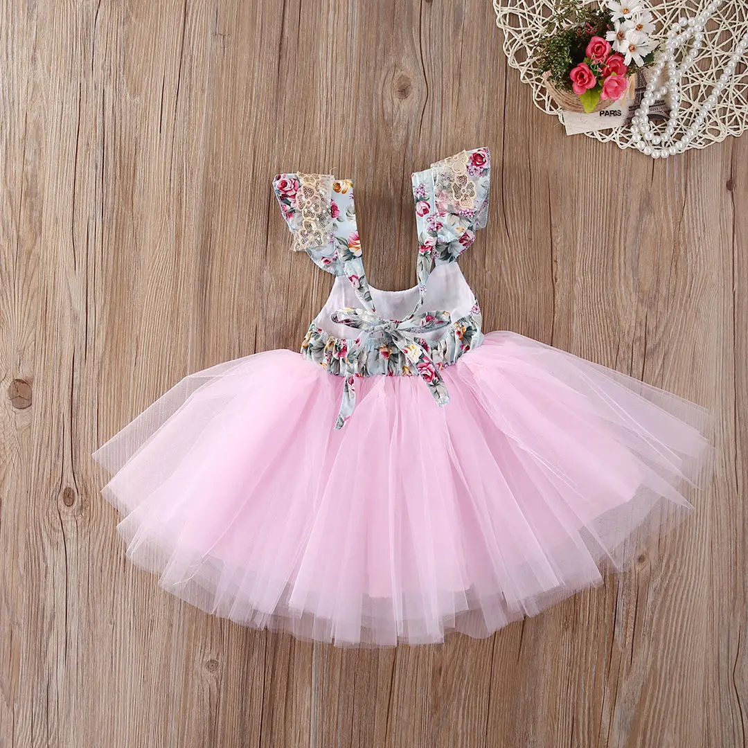 2017 Lace Vest Kids Baby Girls Floral Printed Dress Party Ball Gown ...