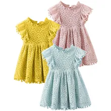 GRNSHTS/Детское платье для маленьких девочек Летняя праздничная одежда однотонное кружевное платье принцессы с короткими рукавами и помпонами