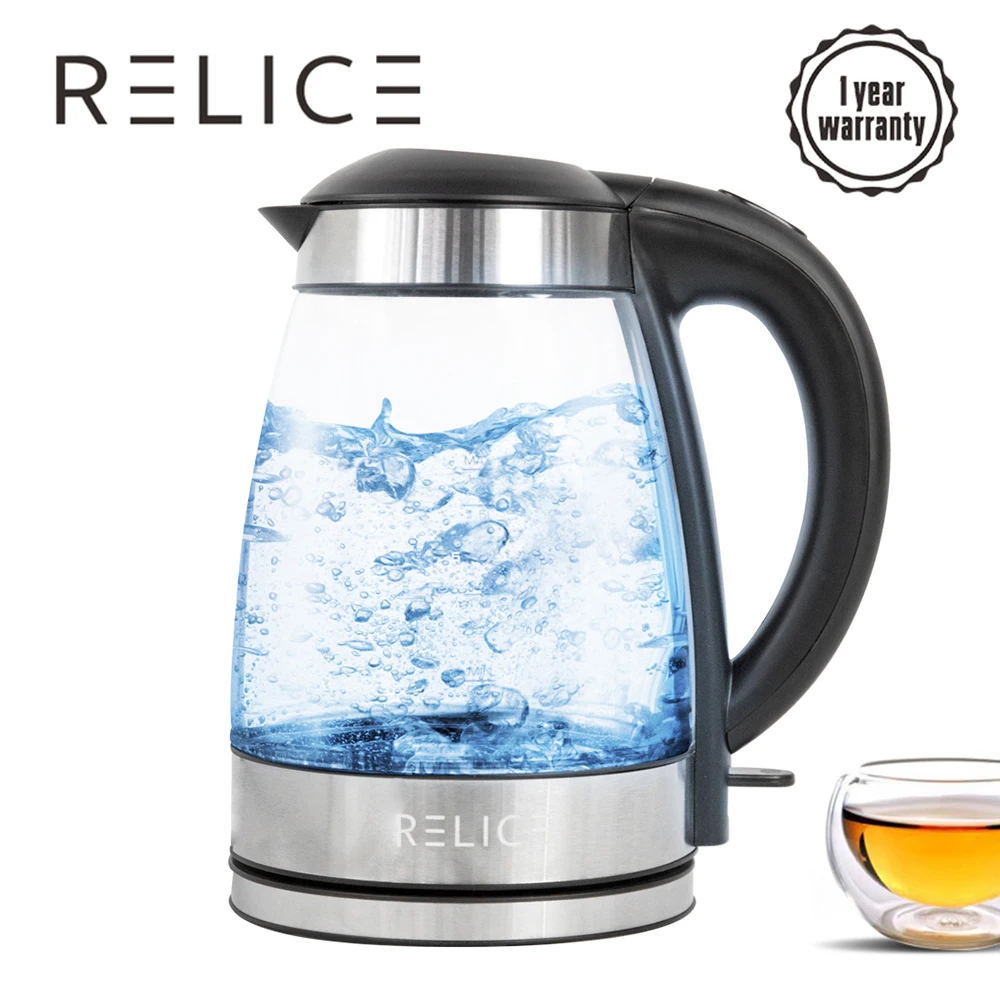 RELICE Electric Kettle 2400W Auto Shut Off Water Bottle 1.7L Blue Illumination Inside Lid Open