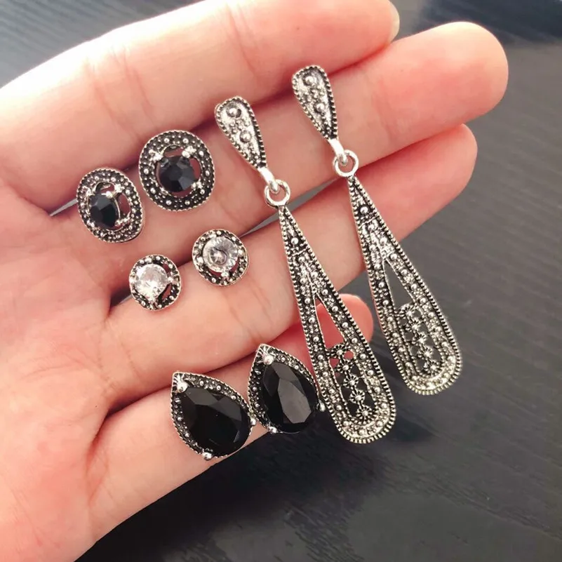 

M MISM Trendy 4 Pairs/Set Black Drop Earrings Long Dangle Earrings For Women Kolcz Retro Jewelry Vintage Boucle D'Oreille