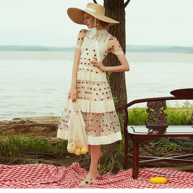 

HIGH QUALITY Newest 2019 Summer Runway Dress Women's Short Sleeve Lace Patchwork Embroidery Mid-calf Dress