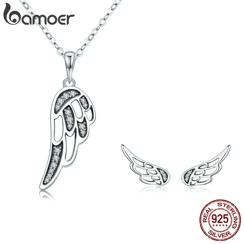 

BAMOER Authentic 100% 925 Sterling Silver Fairy Wings Feather Women Necklace Earrings Jewelry Set Authentic Silver Jewelry Gift