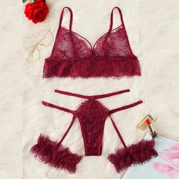 

Bra Set Fashion Sexy Lace Lenceria Mujer Women Eyelash Garter V-neck Lingerie Set Badydoll Underwear Souvetement Femme Ensemble