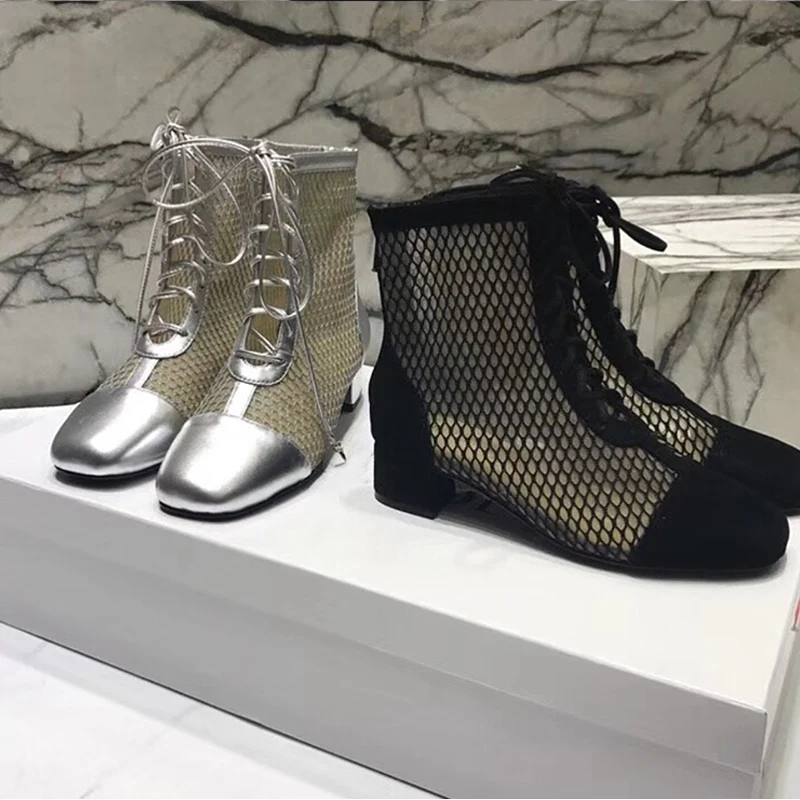 

2018 Spring Summer New Hot Selling Closed Toe Square Toe Air Mesh Cross-tied Woman Boots Back Zipper Thick Med Heels Daily Shoes