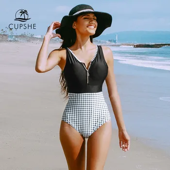 

CUPSHE Gingham Zip Front One-Piece Swimsuit Sexy Backless Padded cups Women Monokini 2019 Girl Beach Bathing Suit Swimwear