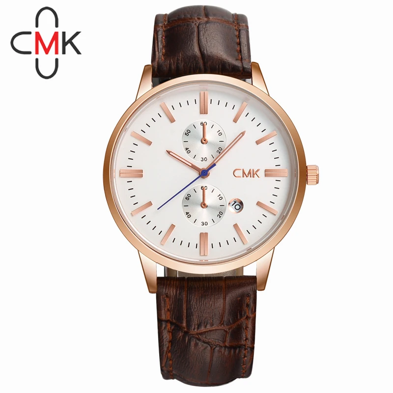 

CMK Top Brand Luxury Fashion Mens Watches Calendar Simple Style Genuine Leather Quartz Sport Watch Men Waterproof 30 ATM