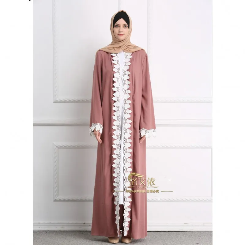 

Fashion Muslim Embroidery edge Pink Abaya Floral Maxi Dress Cardigan Long Robes Tunic Kimono Ramadan Turkey Islamic Clothing