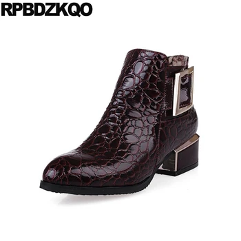 

Shoes Women Ankle Boots Medium Heel Booties Platform Metal Wine Red Chunky Pointed Toe Waterproof 10 Patent Leather Custom