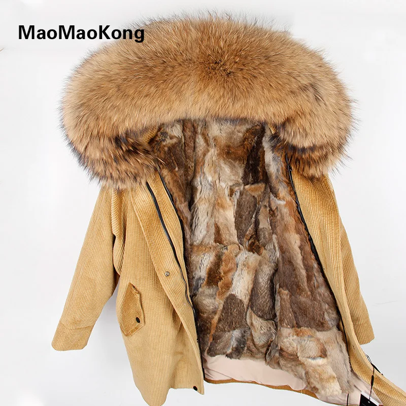 

2018 winter Natural rabbit fur jacket coat Women parka fur coat Corduroy real raccoon fur collar warm Long parkas