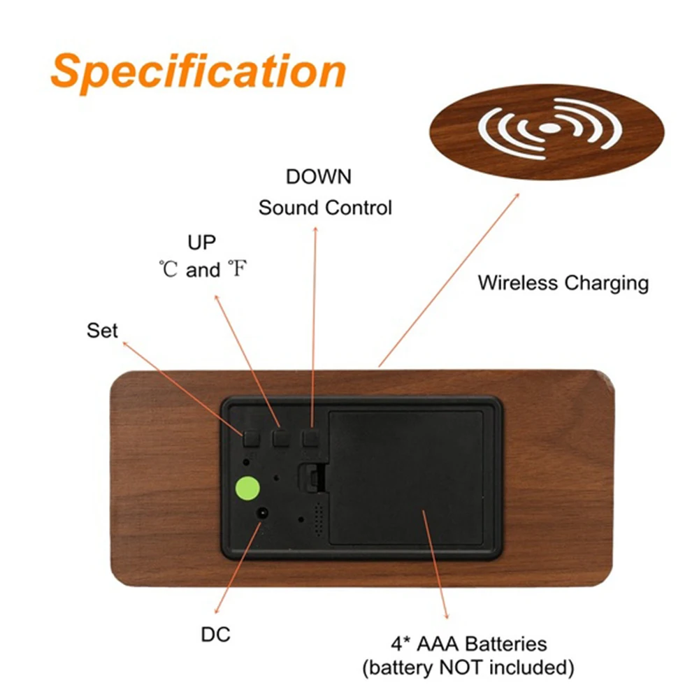 Qi Беспроводное зарядное устройство док-станция цифровой светодиодный Будильник Деревянные часы управление звуком Беспроводное зарядное устройство для IPhone samsung huawei